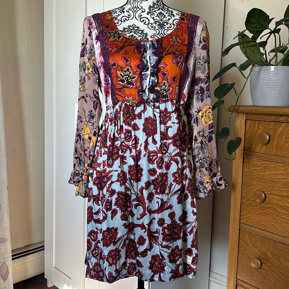 Odd Molly Floral Patchwork Mini Dress in Orange, Light Blue, Purple